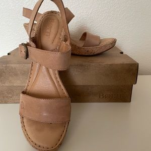 Born tan leather strap wedge cork sandals, Size 8.5. Slightly used